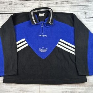 VTG 80s Adidas Fleece 1/4 zip Pullover Jacket XL Trefoil Embroidered Blue Black